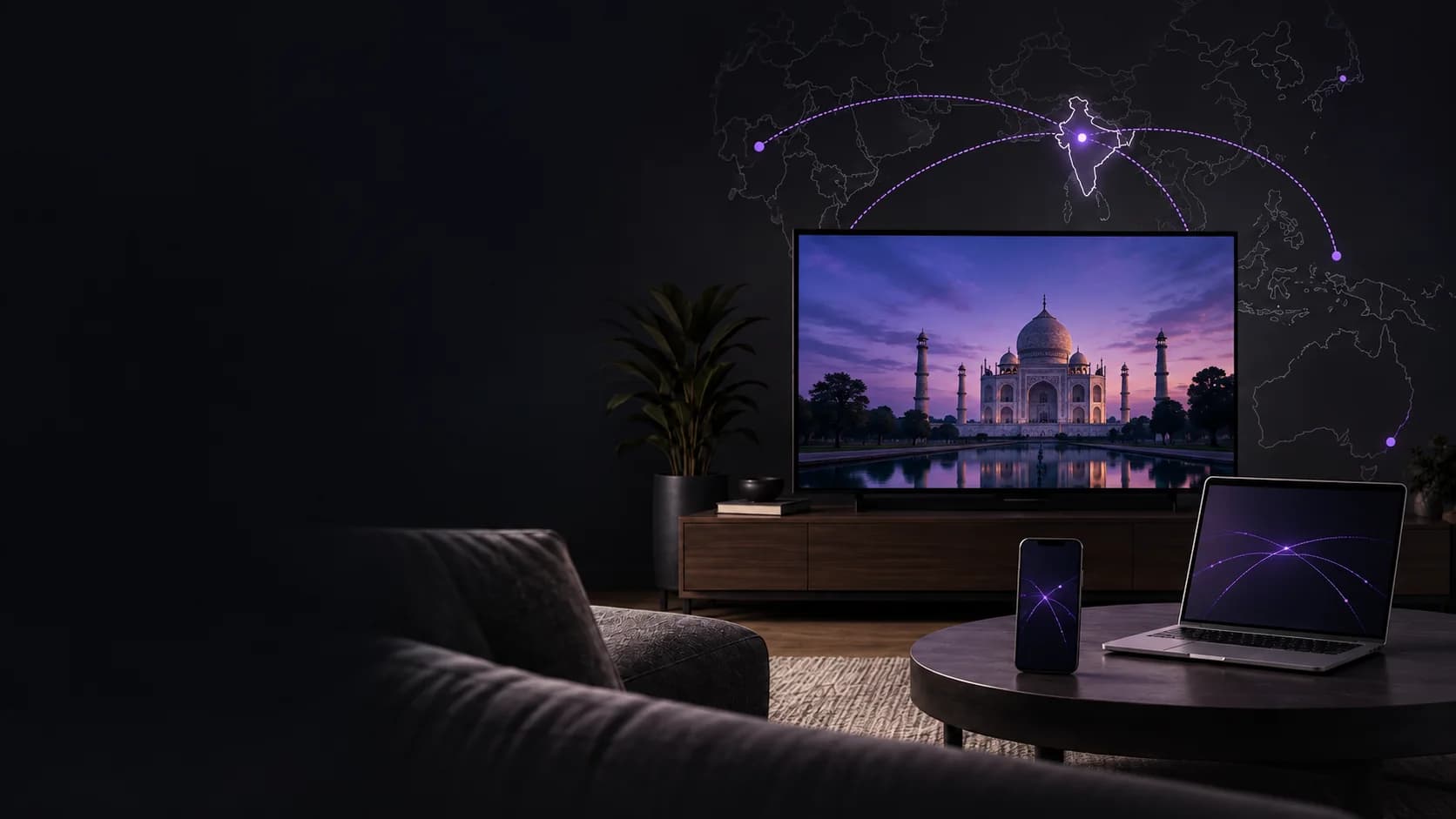 A private India connection shown across a television, laptop, and phone